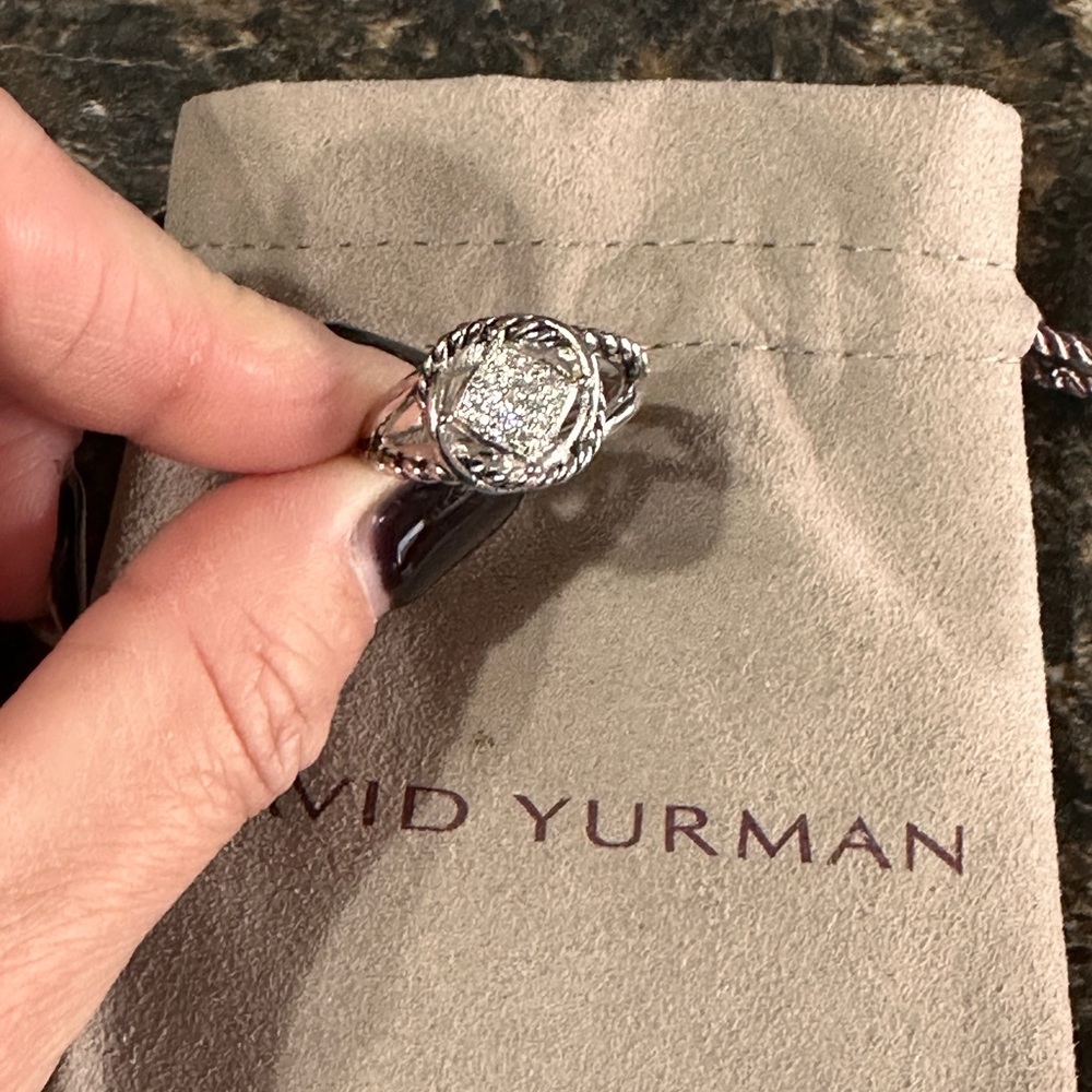 David Yurman ring size 8, silver pave cluster centre.